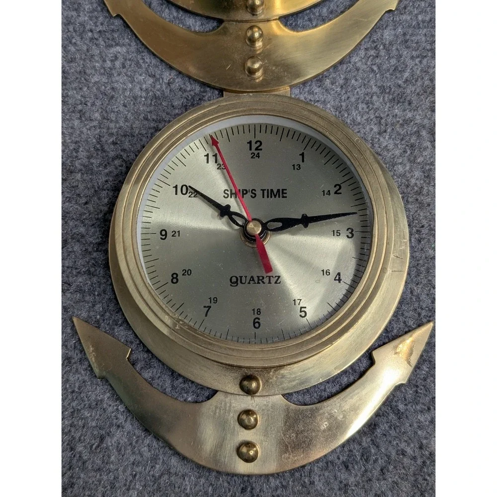 Vintage Brass Anchor Wall Weather Station Quartz Clock Thermometer Hygro READ
